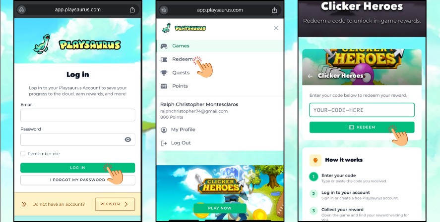 Playsaurus login page for redeeming Clicker Heroes codes on iPhone