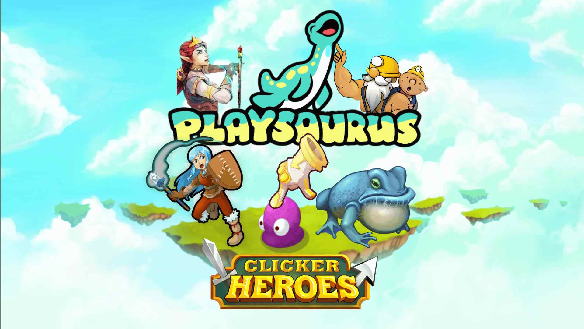 Promotional image for Playsaurus featuring characters and creatures from Clicker Heroes, including a warrior, miner, frog, and other fantasy elements, set against a vibrant sky background with floating islands. Idle games from Playsaurus: Clicker Heroes, Mr. Mine, Creature Card Idle, Poker Quest, Sixty Four.