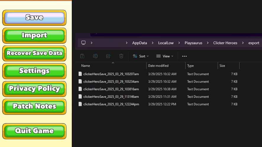 Manually Backing Up Clicker Heroes Save Files Using In-game Method