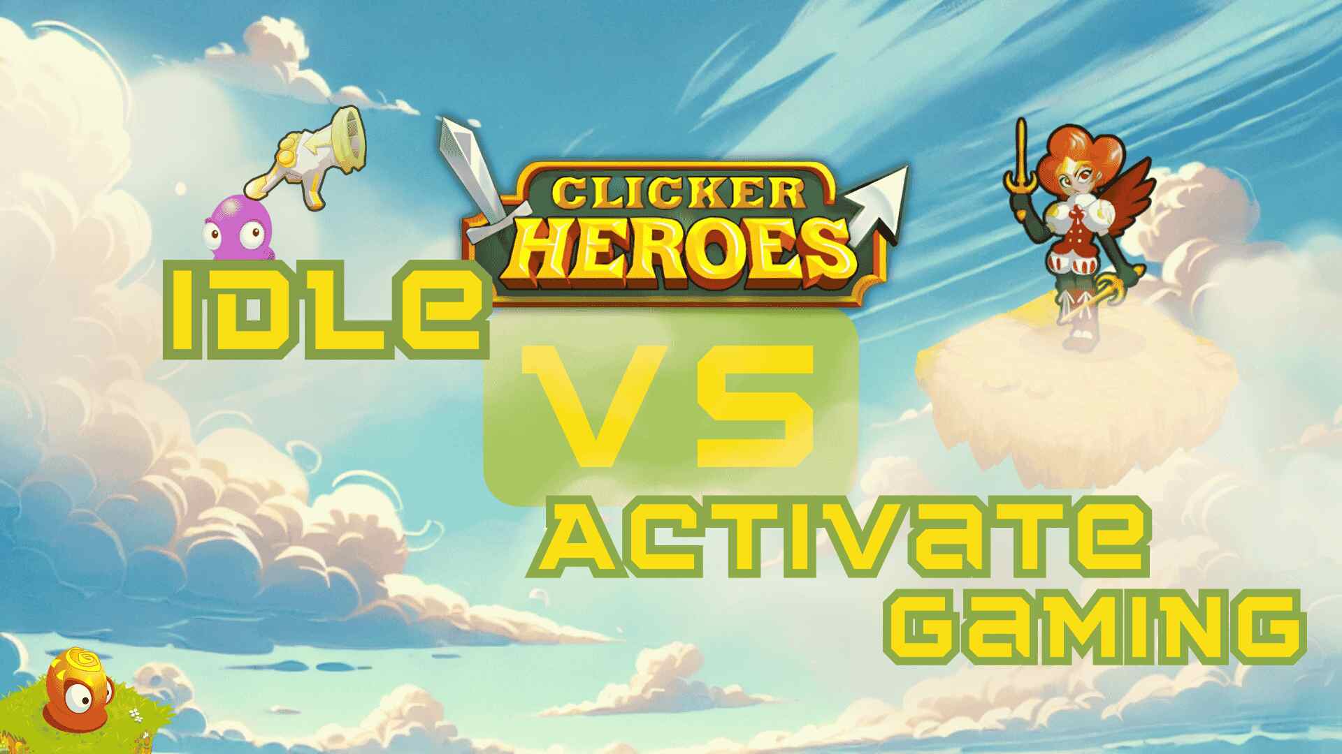 idle vs activate gaming A colorful promotional image for "Clicker Heroes" showing a visual comparison between "Idle" and "Activate Gaming" playstyles. On the left, a purple monster with a golden weapon represents "Idle." On the right, a female warrior with red hair and a sword stands on a floating platform, symbolizing "Activate Gaming." The title "Clicker Heroes" is at the center with "VS" between the two styles. The background features a bright sky with clouds.