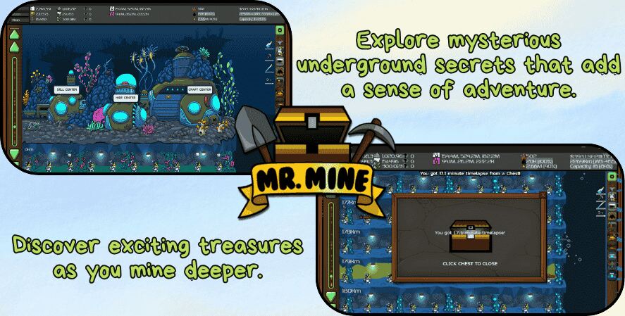 A promotional graphic for the idle game Mr. Mine, showcasing two gameplay screenshots. The top-left image displays a deep underground mining scene with glowing drill centers and mysterious plants. The bottom-right shows a treasure chest reward screen. The text highlights features like “Explore mysterious underground secrets that add a sense of adventure” and “Discover exciting treasures as you mine deeper.” A central chest logo with pickaxes reads “Mr. Mine.”