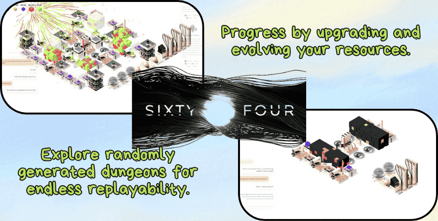 Best idle games 2025
A promotional graphic for the idle game Sixty Four. The top-left and bottom-right screenshots showcase complex factory-style layouts with machinery and resource nodes. In the center is the game logo “Sixty Four” over a black abstract energy swirl. Green text highlights features such as “Progress by upgrading and evolving your resources” and “Explore randomly generated dungeons for endless replayability.”