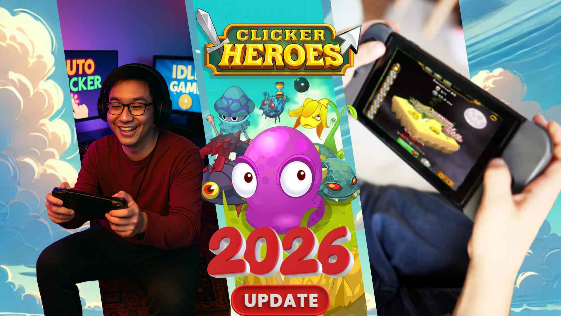 Idle games on Nintendo Switch in 2026 featuring Clicker Heroes gameplay, a player holding a Switch console, and updated idle game visuals.