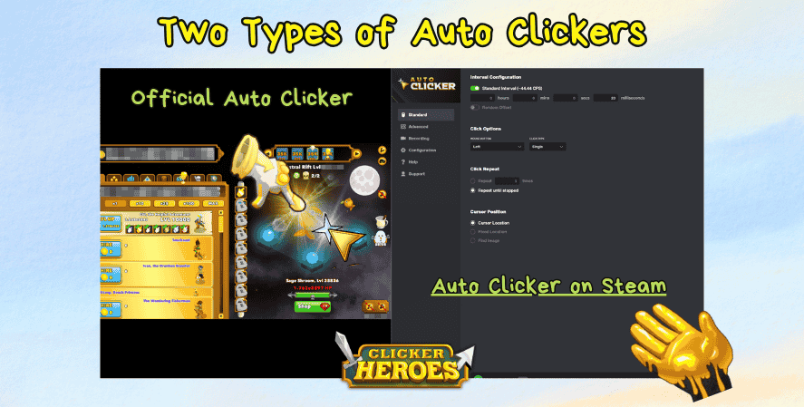 Comparison of two types of Auto Clickers in Clicker Heroes. On the left, the Official Auto Clicker built into the game, showing the gameplay screen. On the right, the Auto Clicker on Steam interface with advanced configuration options. Title text says Two Types of Auto Clickers.