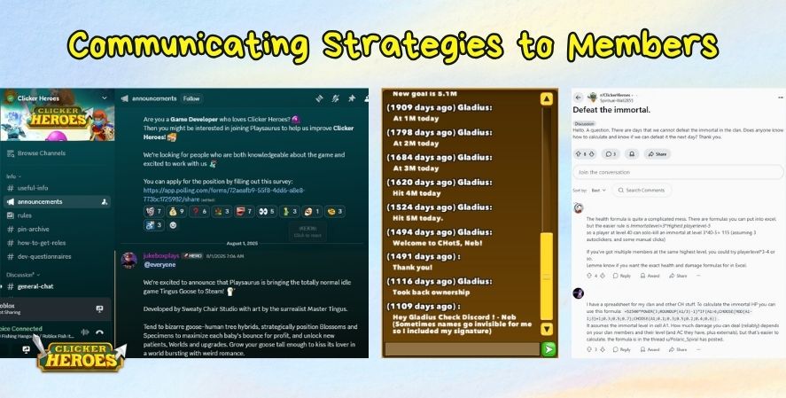 Clicker Heroes clan members using Discord and in-game chat to communicate Immortal raid strategies.