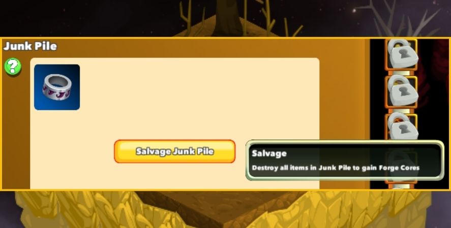 Clicker Heroes junk pile menu with a relic available to salvage into forge cores.