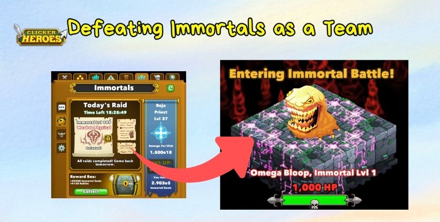 Clicker Heroes Immortal raid screen with Omega Bloop Immortal battle showing teamwork in defeating clan bosses.