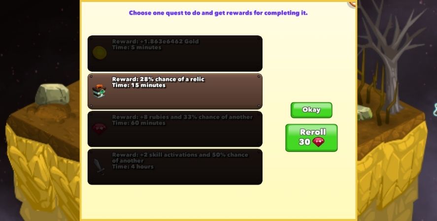 Clicker Heroes mercenary quest screen showing a 28% chance of earning a relic reward in 15 minutes.