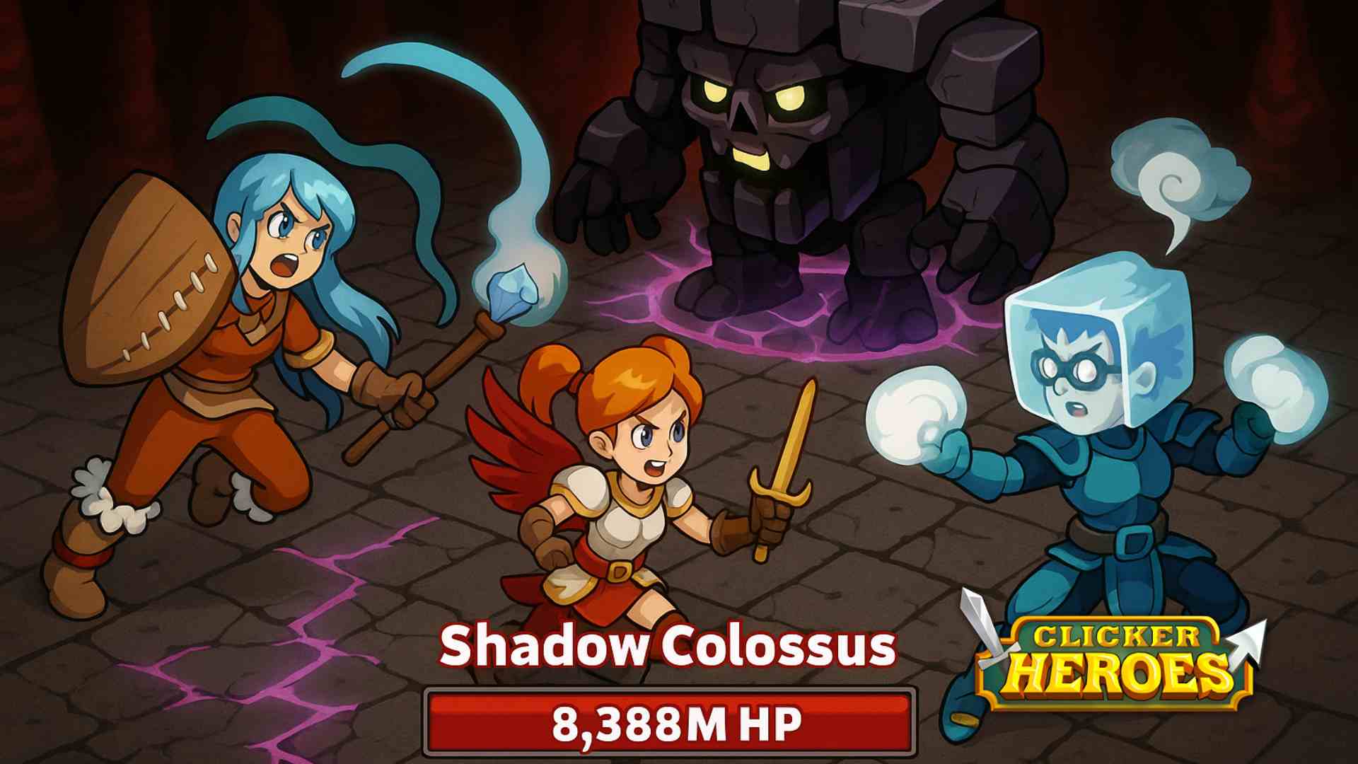 Clicker Heroes characters battling Shadow Colossus Immortal with 8,388M HP in a clan raid.