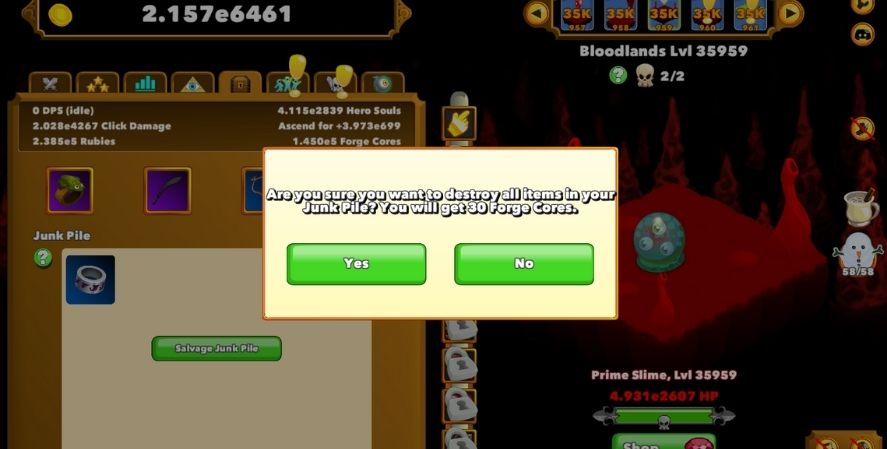 Clicker Heroes salvage confirmation popup showing 30 forge cores gained from destroying junk pile relics.
