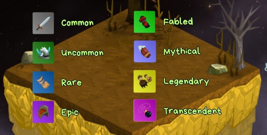 Clicker Heroes relic rarity chart showing Common, Uncommon, Rare, Epic, Fabled, Mythical, Legendary, and Transcendent tiers.
