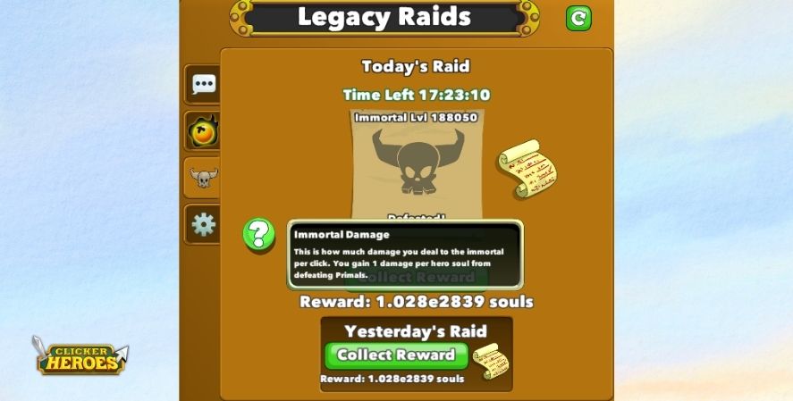 Legacy Raids screen in Clicker Heroes showing Immortal level 188050 with Immortal Damage and Souls rewards.