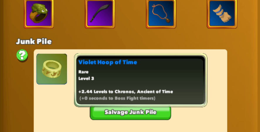 Clicker Heroes junk pile screen showing a Rare relic called Violet Hoop of Time with salvage option.