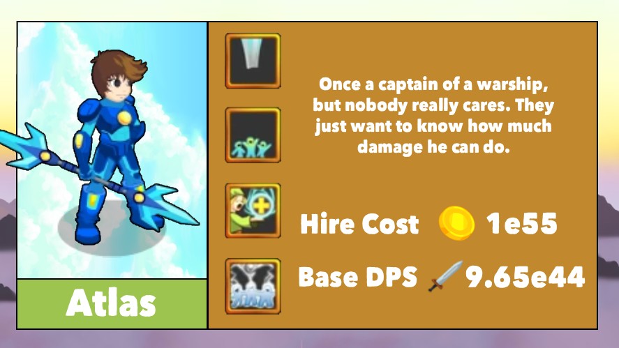Atlas's infographic with icon, name, skills, description, cost, and base DPS