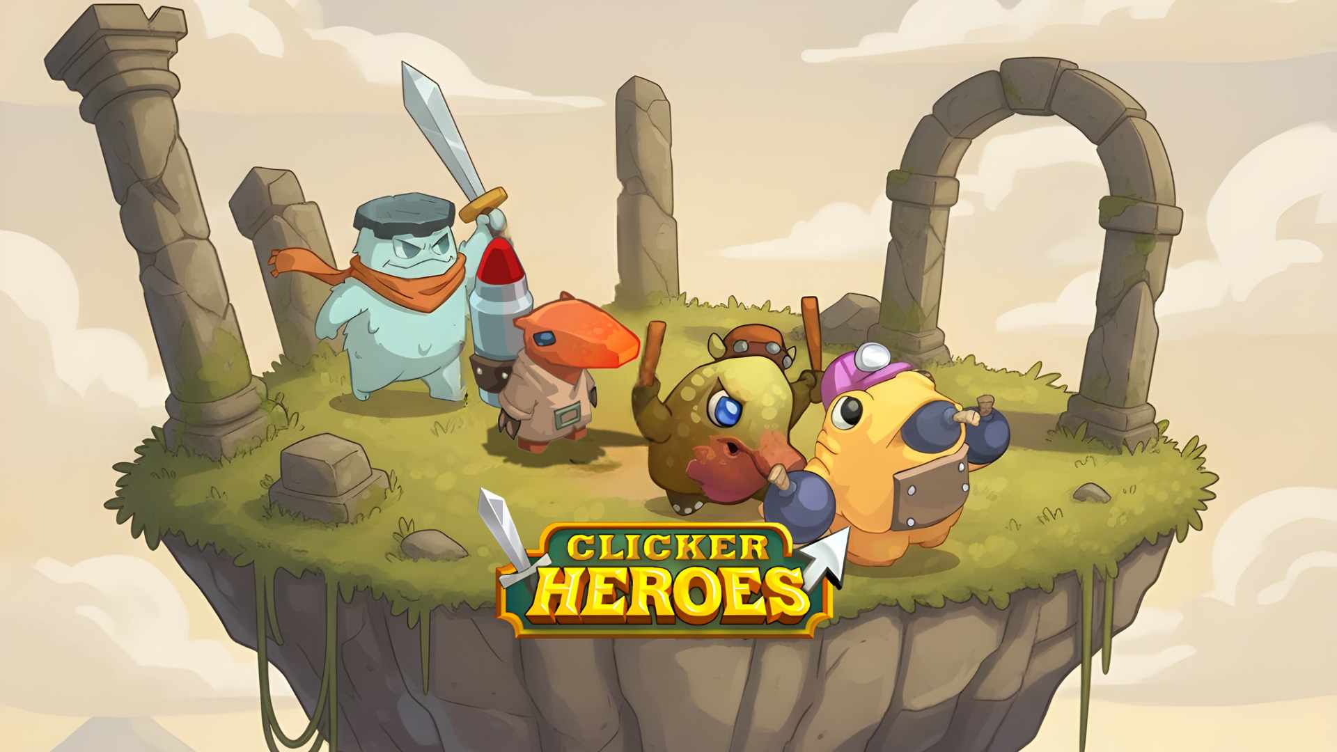 Clicker Heroes promotional artwork featuring heroes standing on a floating island in cartoon style.