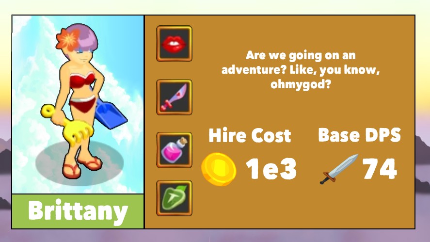 Brittany's infographic with icon, name, skills, description, cost, and base DPS
