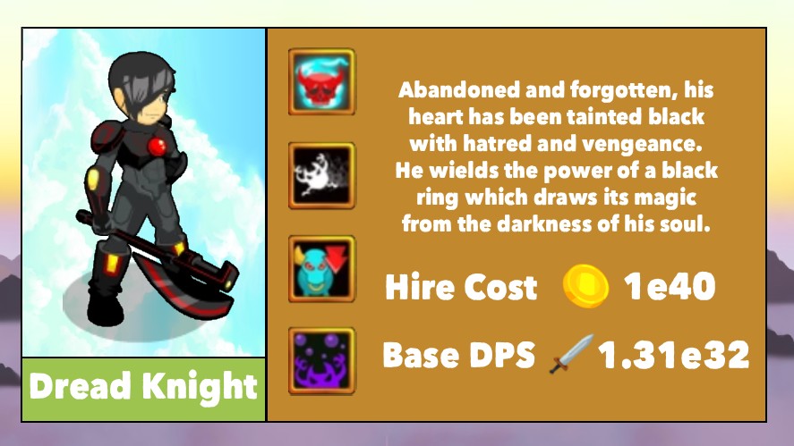 Dread Knight's infographic with icon, name, skills, description, cost, and base DPS