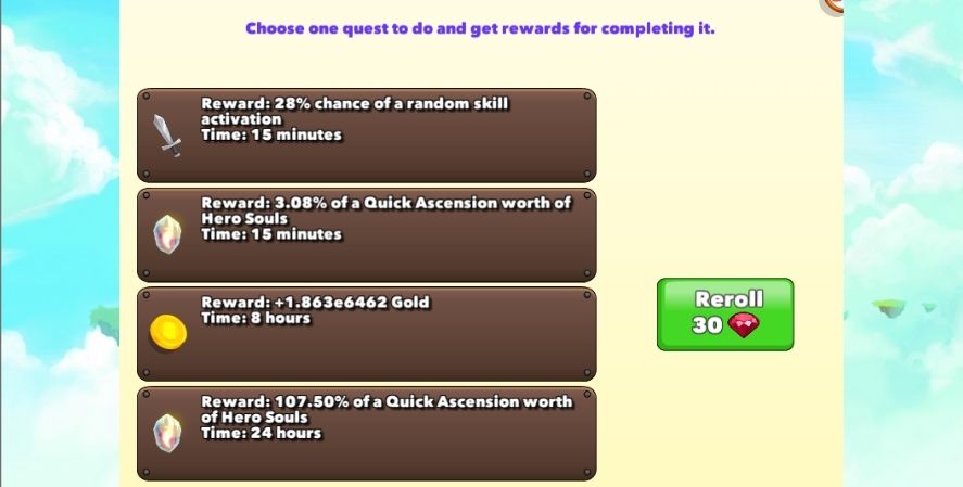 Clicker Heroes mercenary mission options including hero soul quests, gold rewards, and skill activation chance.