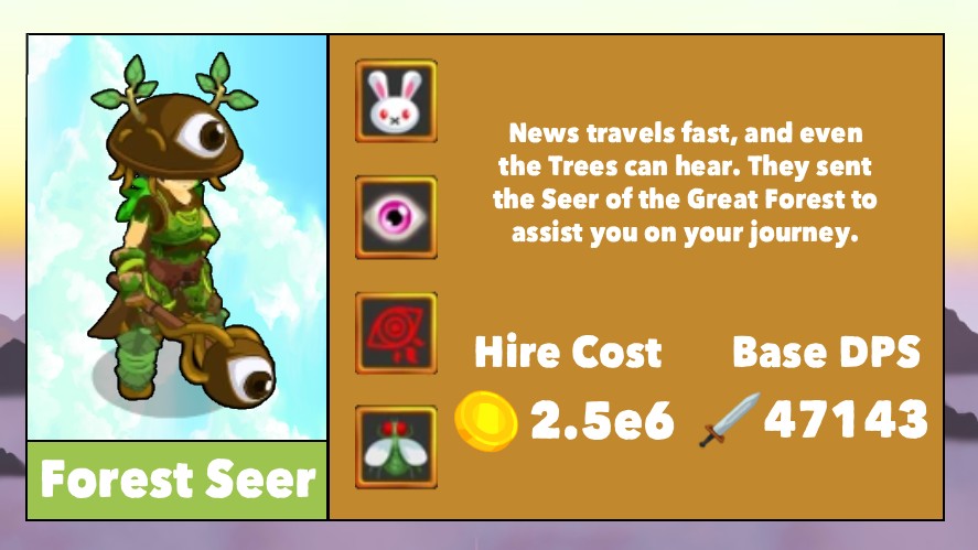 Forest Seer's infographic with icon, name, skills, description, cost, and base DPS