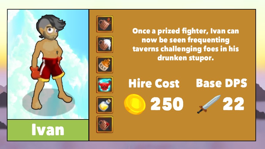 Ivan's infographic with icon, name, skills, description, cost, and base DPS