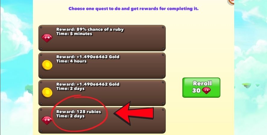 Clicker Heroes mercenary mission offering 128 rubies as a 2-day reward, highlighted as a high-value ruby quest.