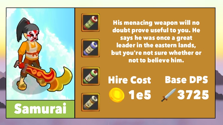 Samurai's infographic with icon, name, skills, description, cost, and base DPS