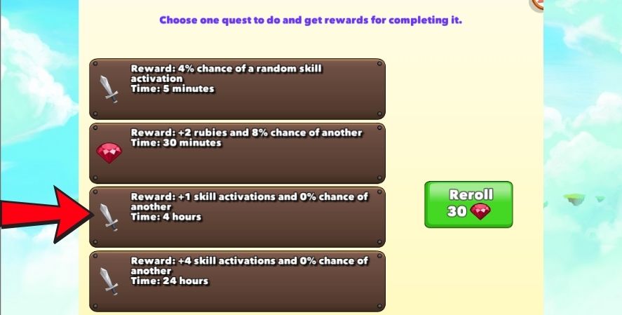 Clicker Heroes mercenary quest list including ruby and skill activation missions, with highlighted 4-hour skill quest.