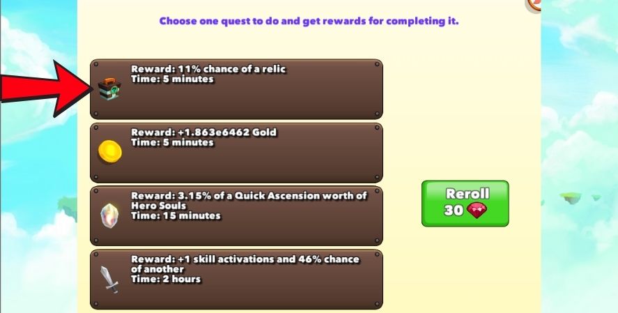 Clicker Heroes mercenary quest options showing a 5-minute relic mission with an 11% chance of success.
