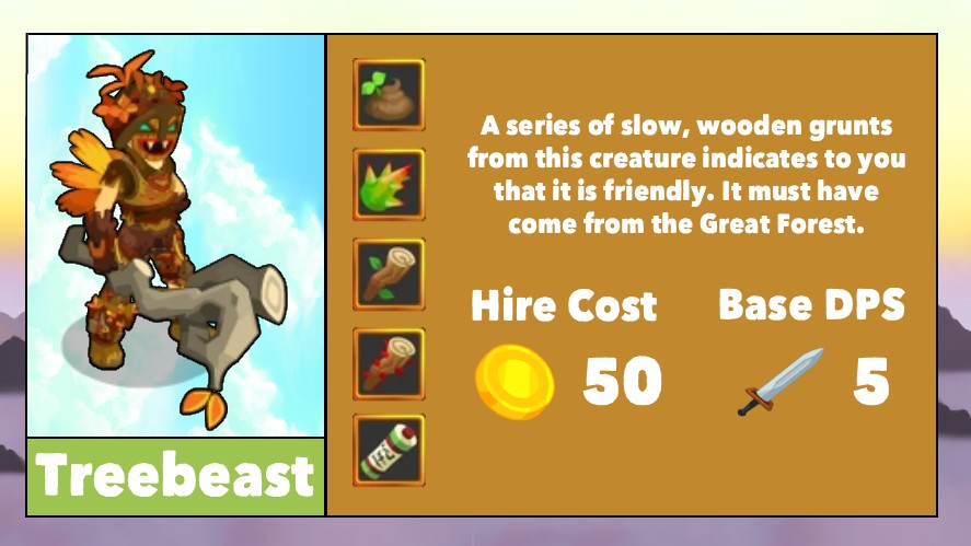 Treebeast's infographic with icon, name, skills, description, cost, and base DPS