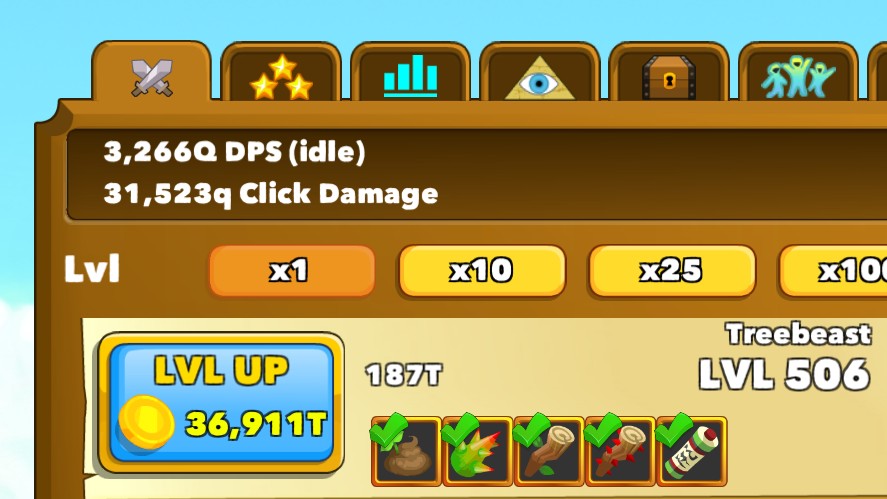 Clicker Heroes idle DPS and click damage display counters