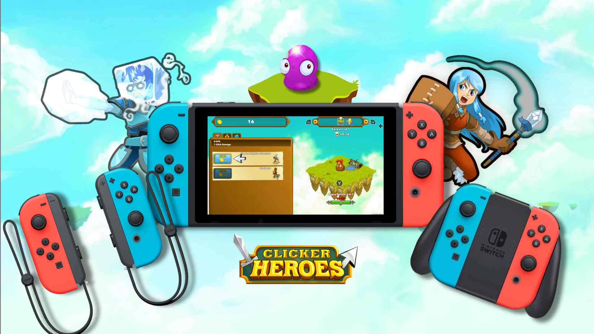 Clicker Heroes gameplay on Nintendo Switch with Joy-Con controllers, featuring cartoon heroes and a floating island battle scene.
