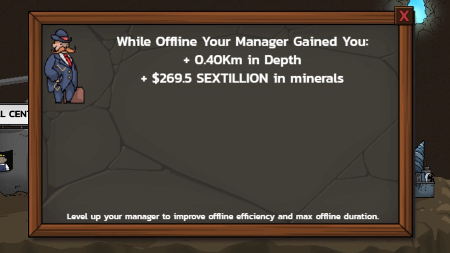 Offline progression pop up in Mr. Mine Idle