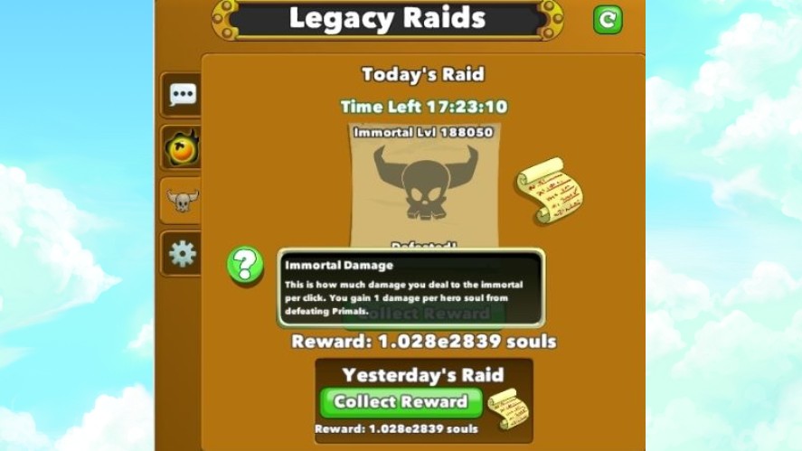 The legacy raids tab in the Clicker Heroes clan