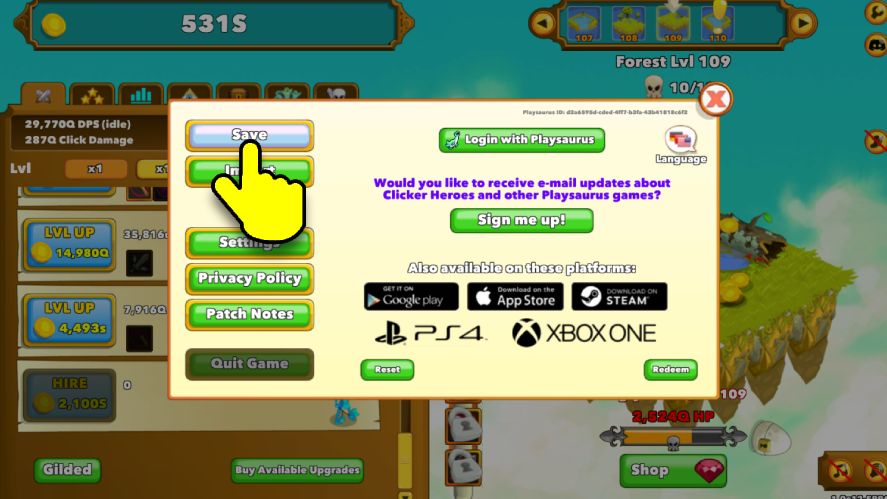 Saving in Clicker Heroes to get the import code