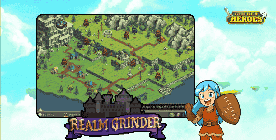 Realm Grinder gameplay screenshot showing a fantasy kingdom map with villages, forests, and progression elements in an incremental game.