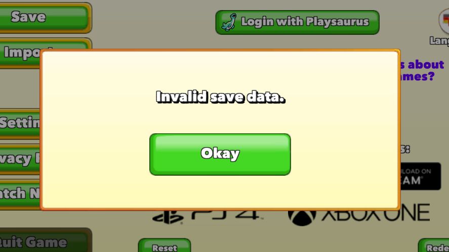 Invalid save data when importing the save code