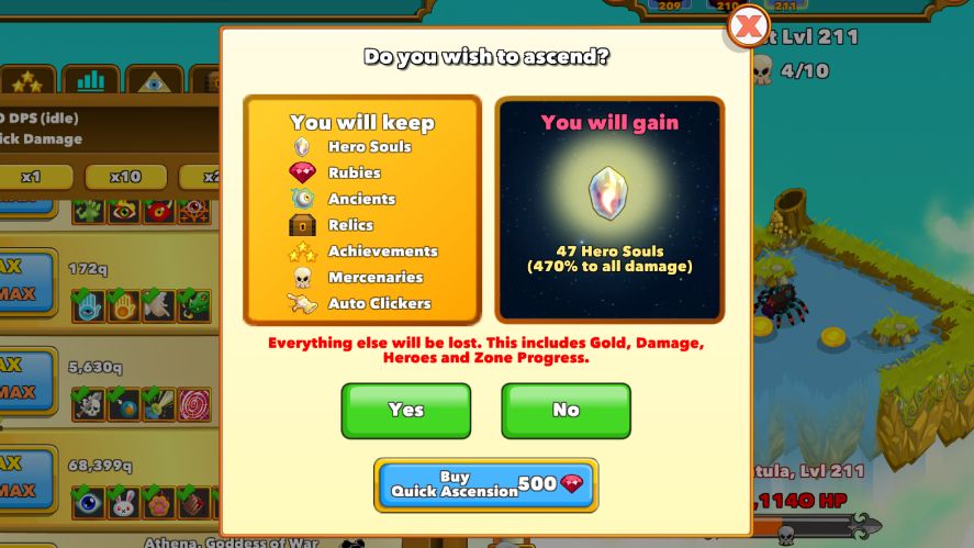 The ascension popup in Clicker Heroes showing what players will keep and what they will gain