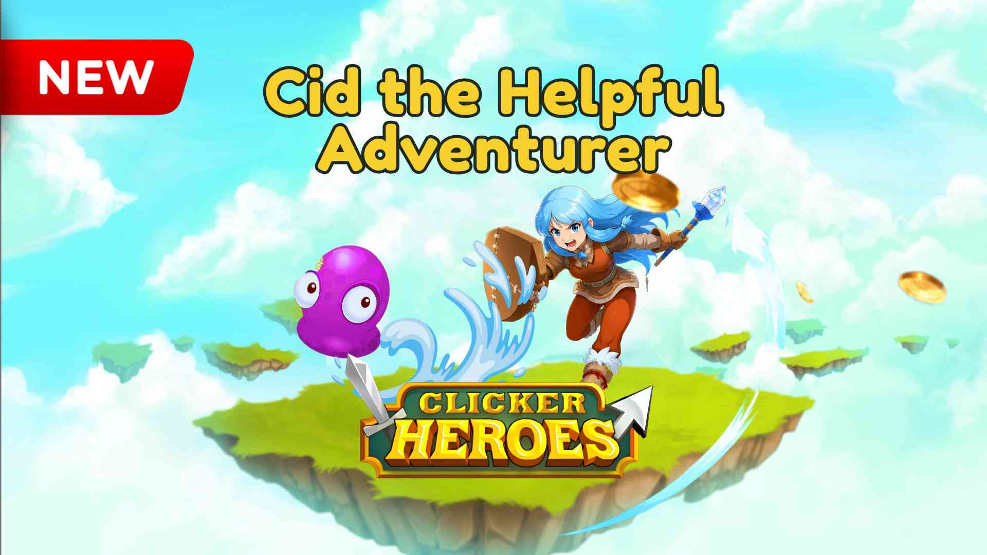 Cid the Helpful Adventurer from Clicker Heroes jumping over a floating island with coins, monster, and Clicker Heroes logo.