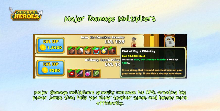 Clicker Heroes Ivan major damage multipliers showing an upgrade that increases DPS for stronger progression.