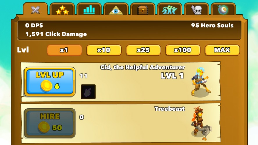 A hero panel in Clicker Heroes showing Cid and Treebeast