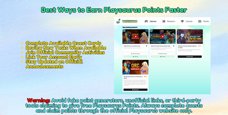 Guide showing the best ways to earn Playsaurus Points faster through quests and official Playsaurus tasks