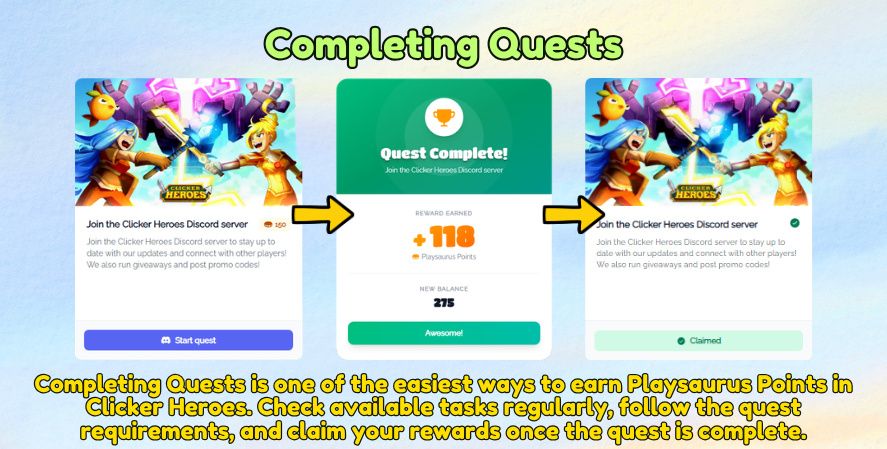Completing a Playsaurus quest in Clicker Heroes to earn and claim Playsaurus Points