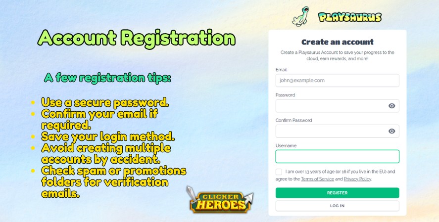 Playsaurus account registration page with tips for creating a secure Clicker Heroes account