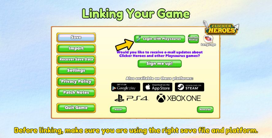 Clicker Heroes login screen showing how to link your game with a Playsaurus Account