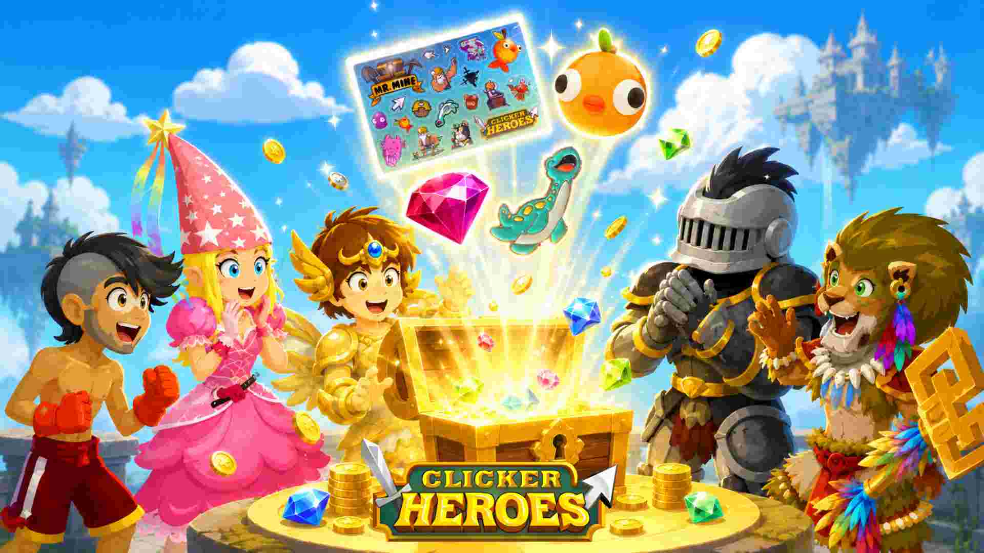Clicker Heroes characters opening a treasure chest with coins, gems, and rewards