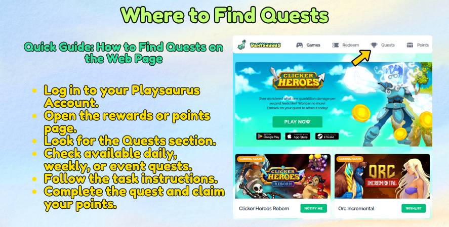 Guide showing where to find quests on the website and how to claim points