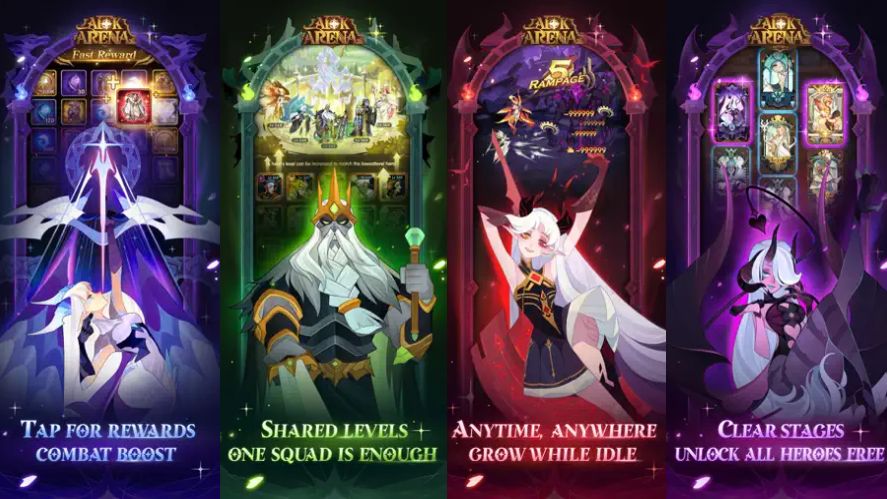 AFK Arena promotional image showcasing four gameplay features: fast rewards with combat boosts, shared hero levels, idle progression that continues while offline, and stage clearing to unlock heroes and rewards.