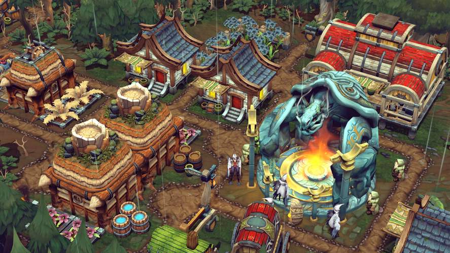 A top-down city-building strategy gameplay screenshot from Against the Storm, showcasing an active forest settlement with rustic buildings, paths winding through dense pine trees, a central hearth statue with a roaring fire.