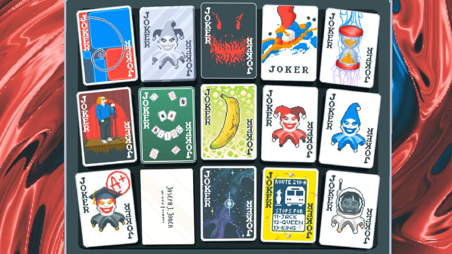 A roguelike deck-building gameplay screenshot from Balatro, showing a collection of unique Joker cards arranged in a 3x5 grid against a swirling red and blue background.
