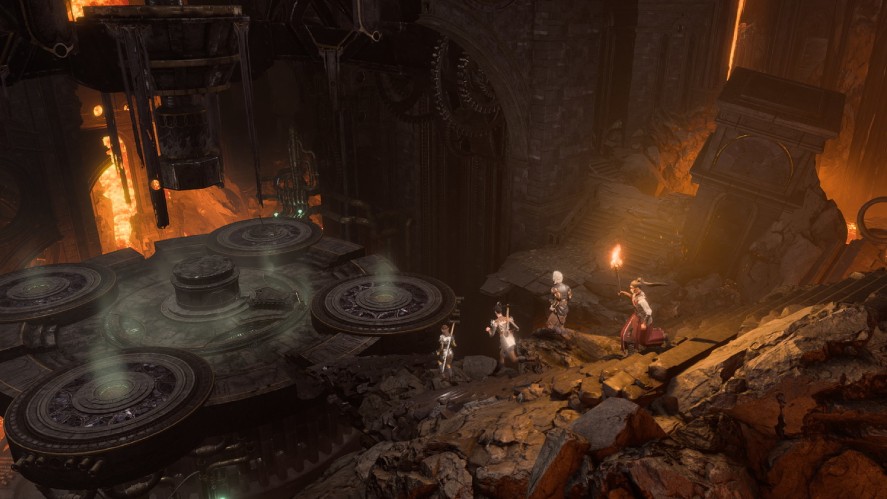 Screenshot from Baldur's Gate 3 showing a party of adventurers exploring a massive underground forge filled with molten lava, ancient stone machinery, and circular mechanical platforms inside a dark dwarven ruin.